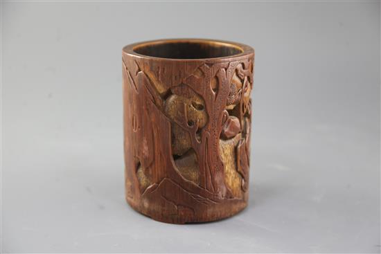 A Chinese bamboo brush pot, height 15cm, some fine splits
